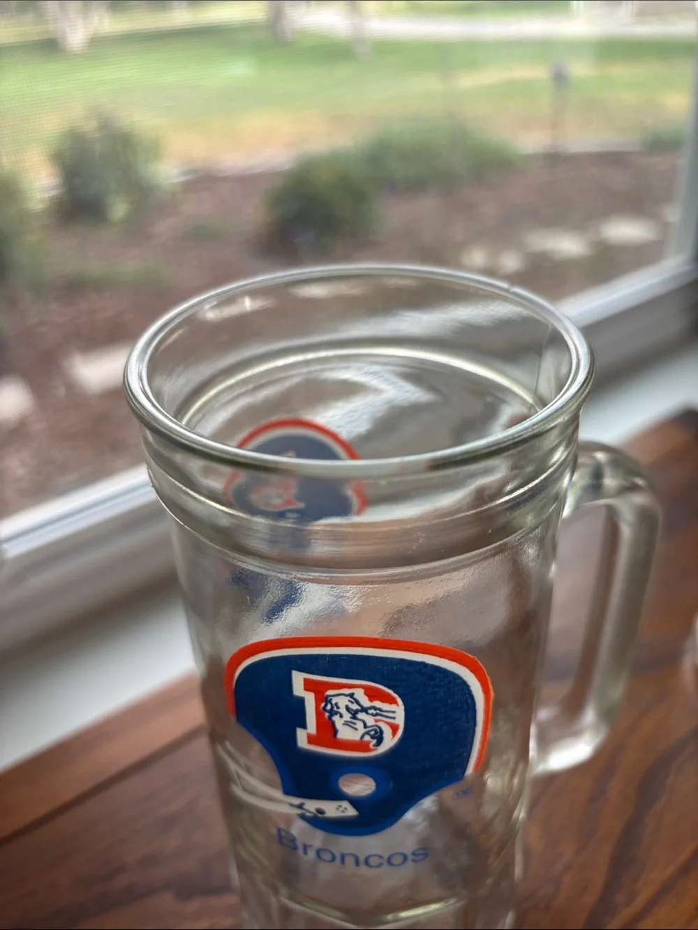 Vintage Denver Broncos Glass Beer Mug - Clear Glass with Blue & Orange Helmet